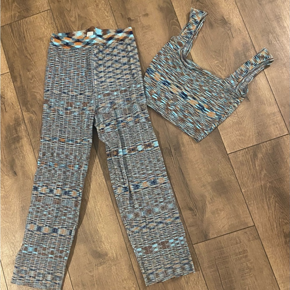 12th Tribe Blue and Brown Knit Multi Color Leggings Set